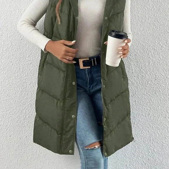 Army Green Casual Women's Zip Up Slant Pocket Sleeveless Hooded Padded Coat - Picture 2 of 4